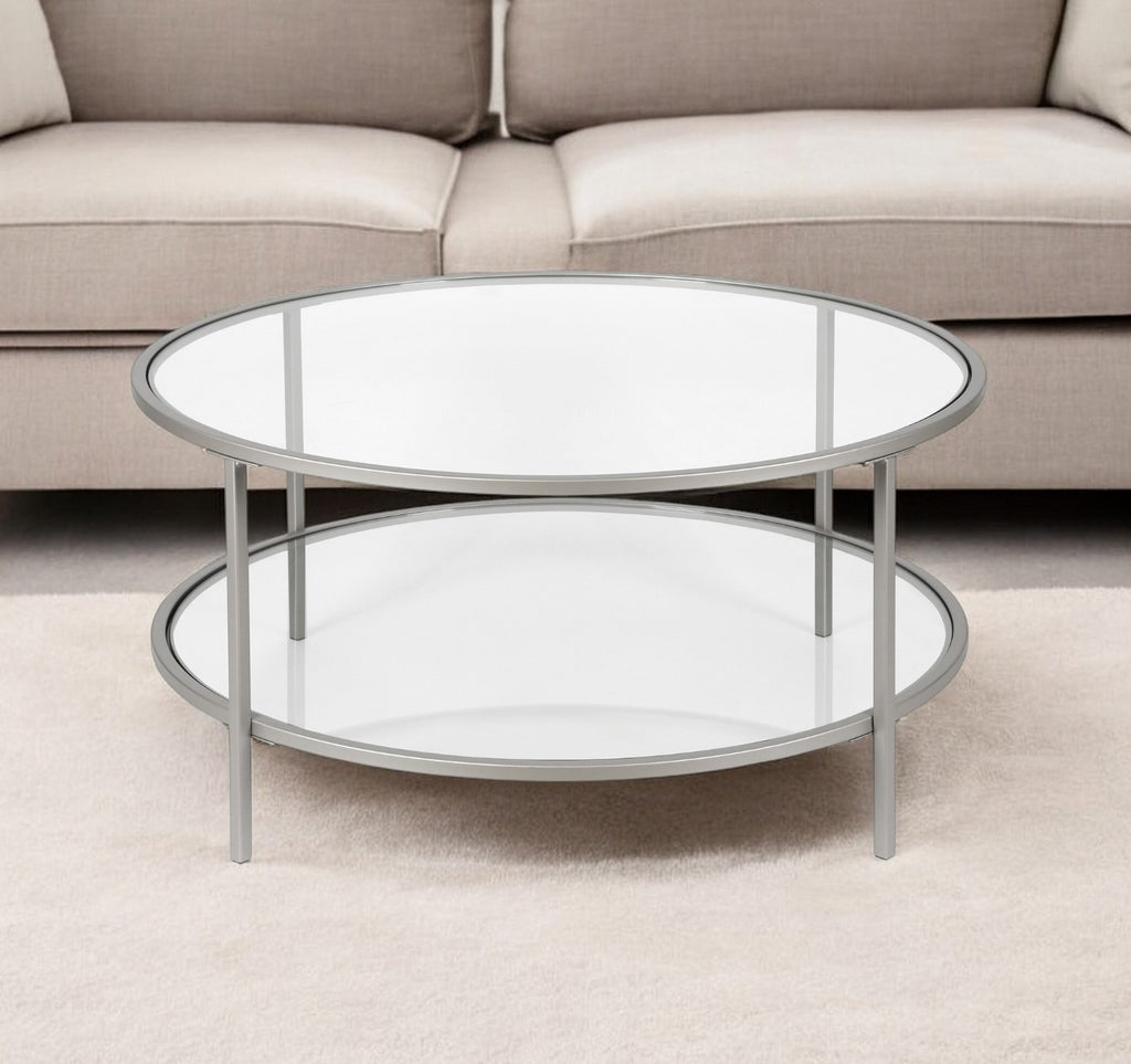 36" Silver Glass And Steel Round Coffee Table With Shelf