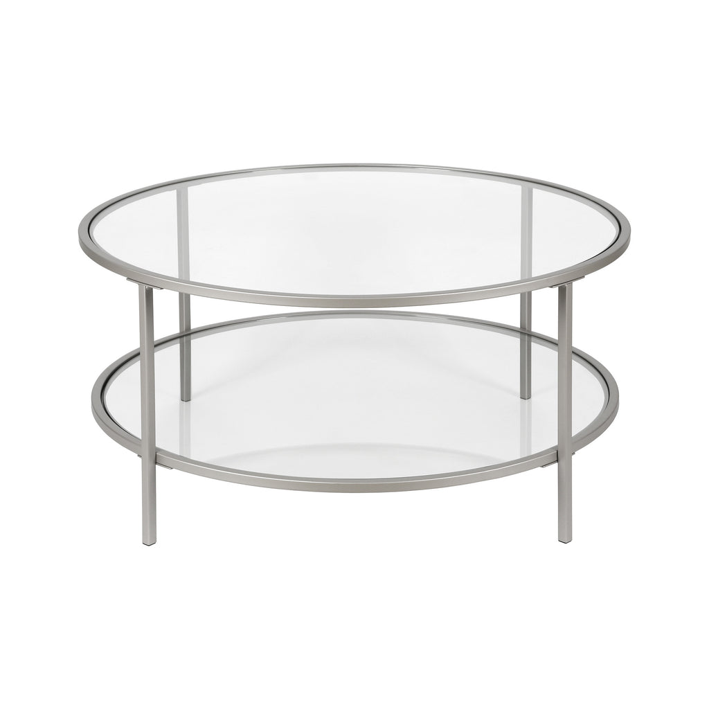 36" Silver Glass And Steel Round Coffee Table With Shelf