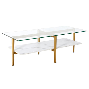 47" White And Gold Glass And Steel Coffee Table With Shelf