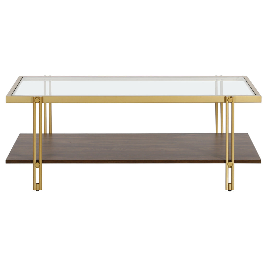 45" Brown And Gold Glass And Steel Coffee Table With Shelf