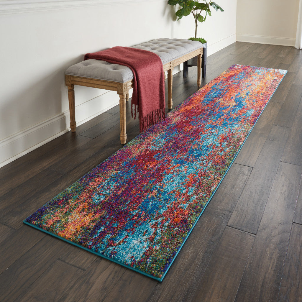 10' Blue and Orange Abstract Power Loom Runner Rug