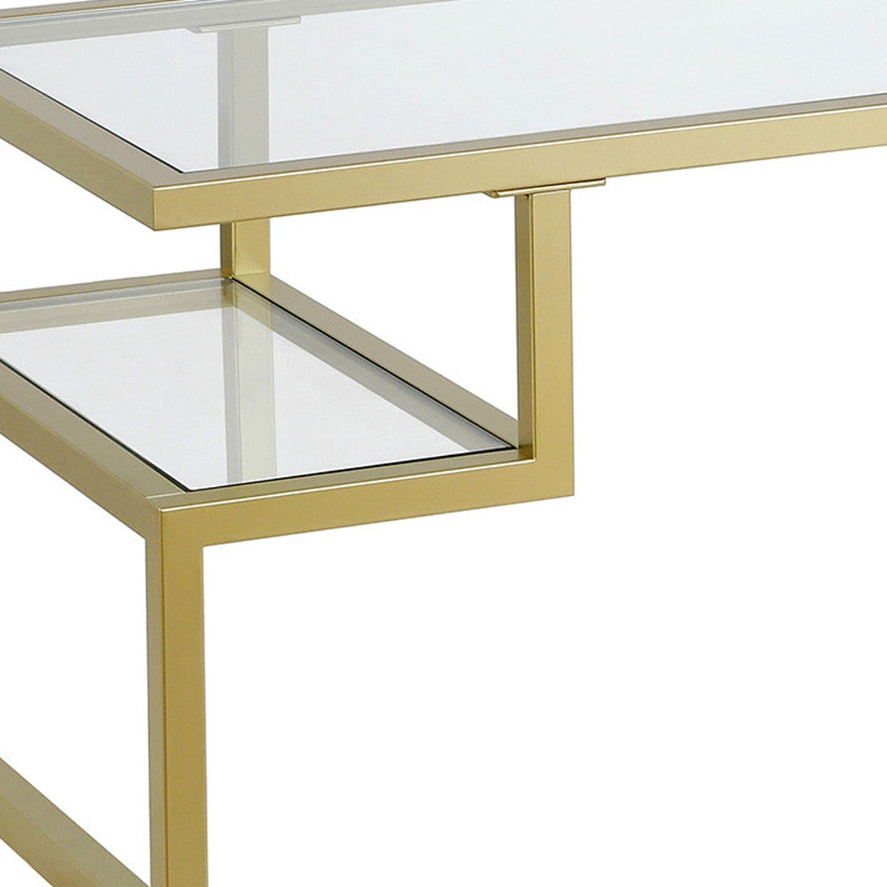 45" Gold Glass And Steel Coffee Table With Two Shelves