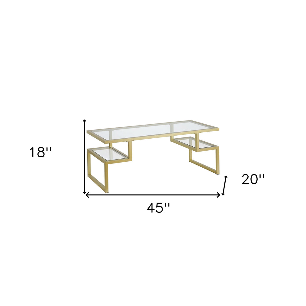 45" Gold Glass And Steel Coffee Table With Two Shelves