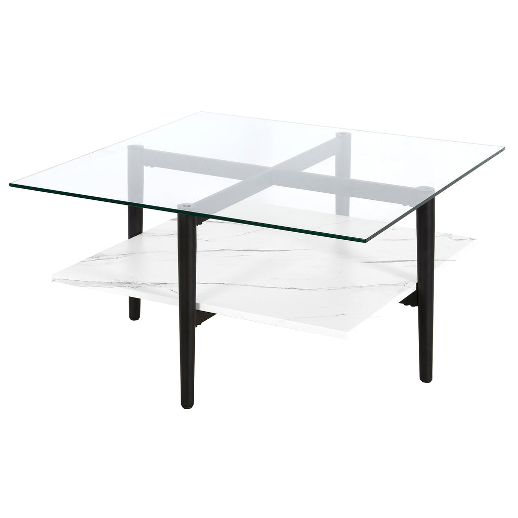 32" White And Black Glass And Steel Square Coffee Table With Shelf