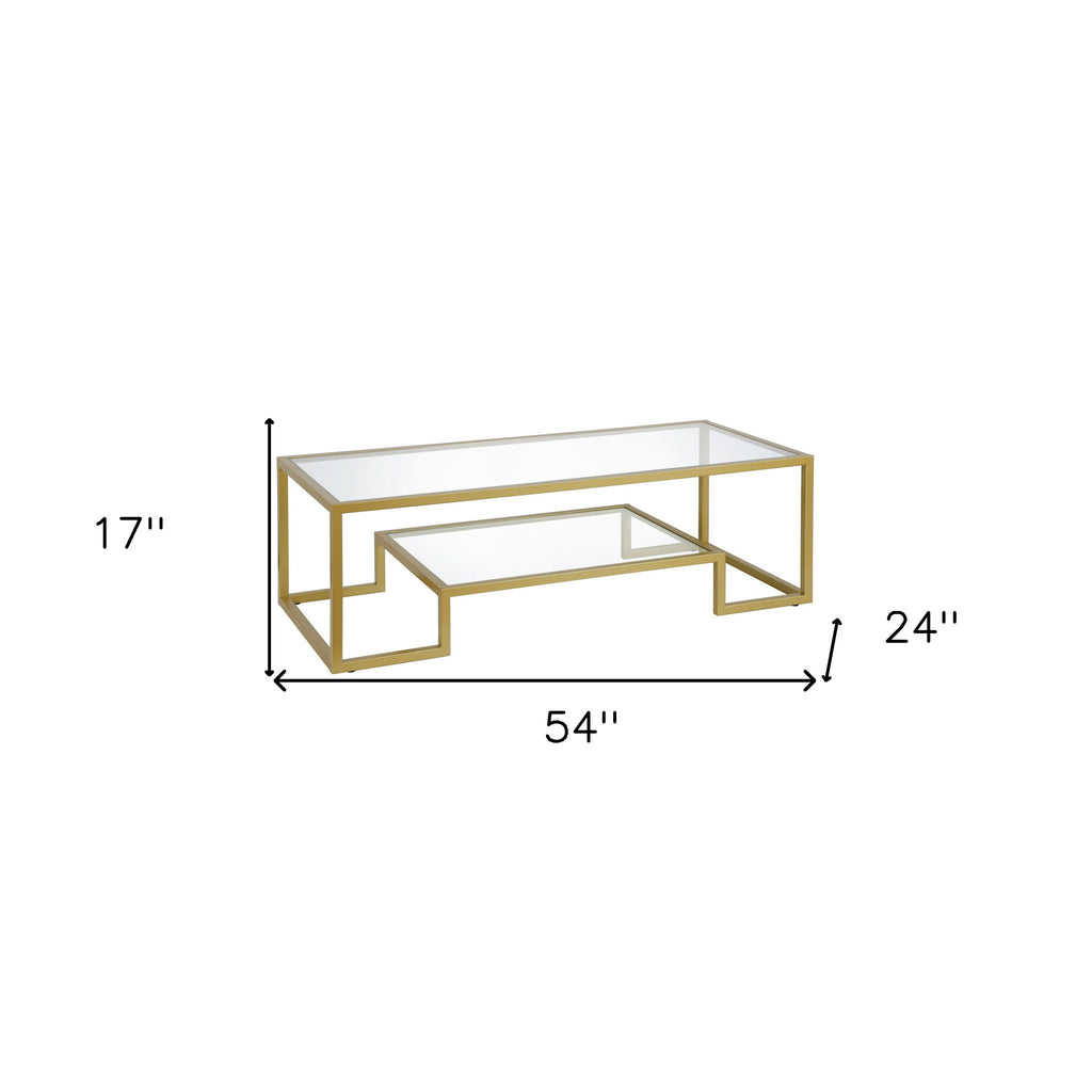 54" Clear And Gold Glass And Steel Coffee Table With Shelf