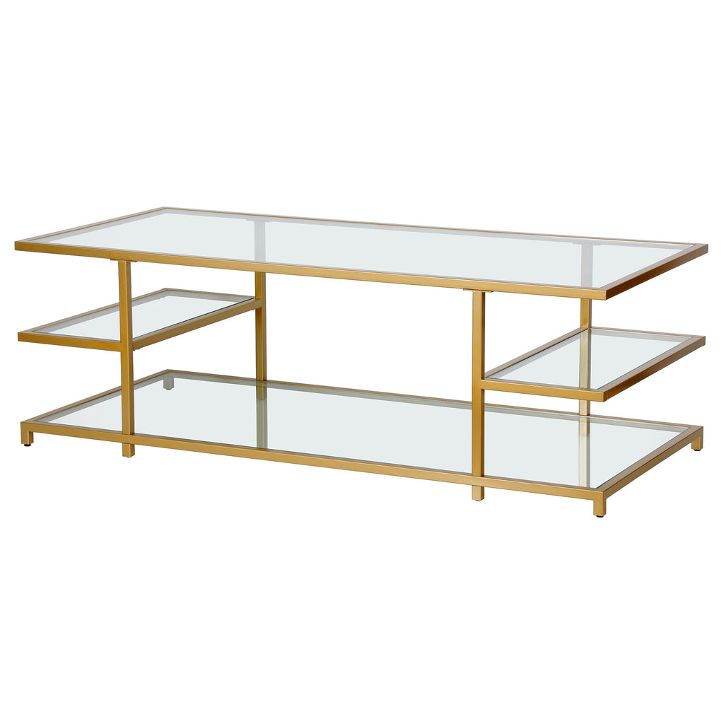 54" Gold Glass And Steel Coffee Table With Three Shelves