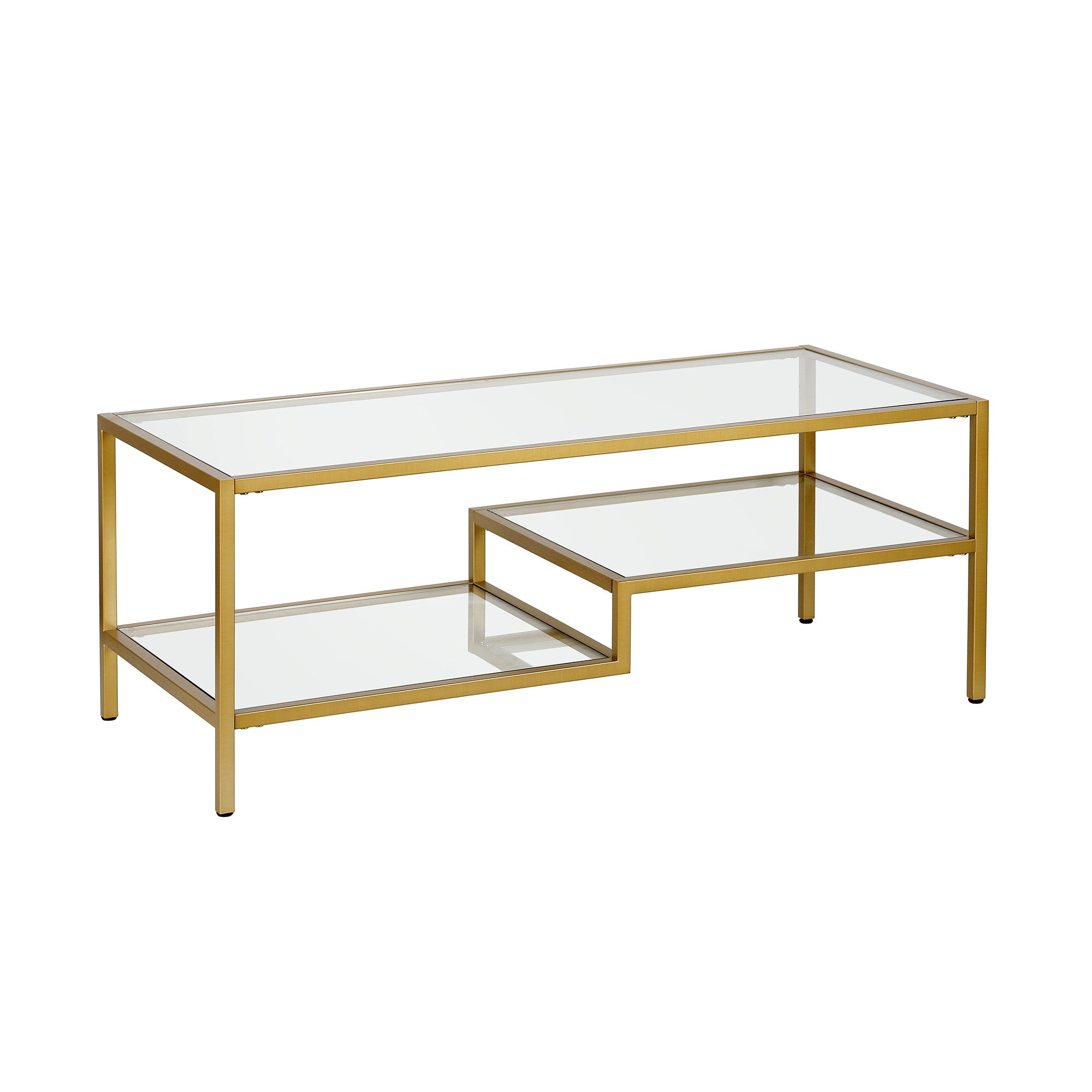 45" Gold Glass And Steel Coffee Table With Two Shelves