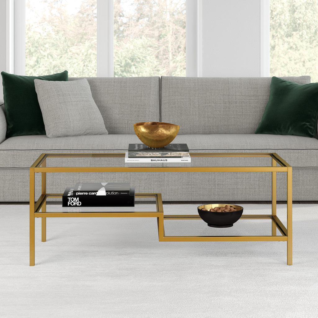 45" Gold Glass And Steel Coffee Table With Two Shelves