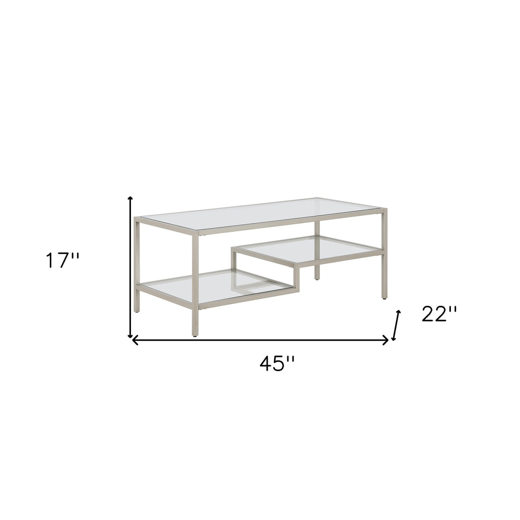 45" Silver Glass And Steel Coffee Table With Two Shelves