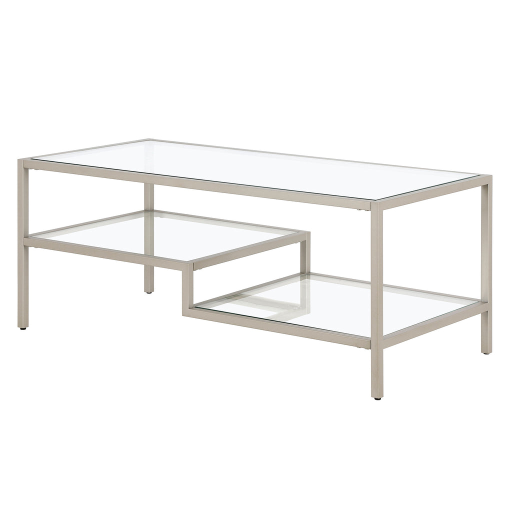 45" Silver Glass And Steel Coffee Table With Two Shelves