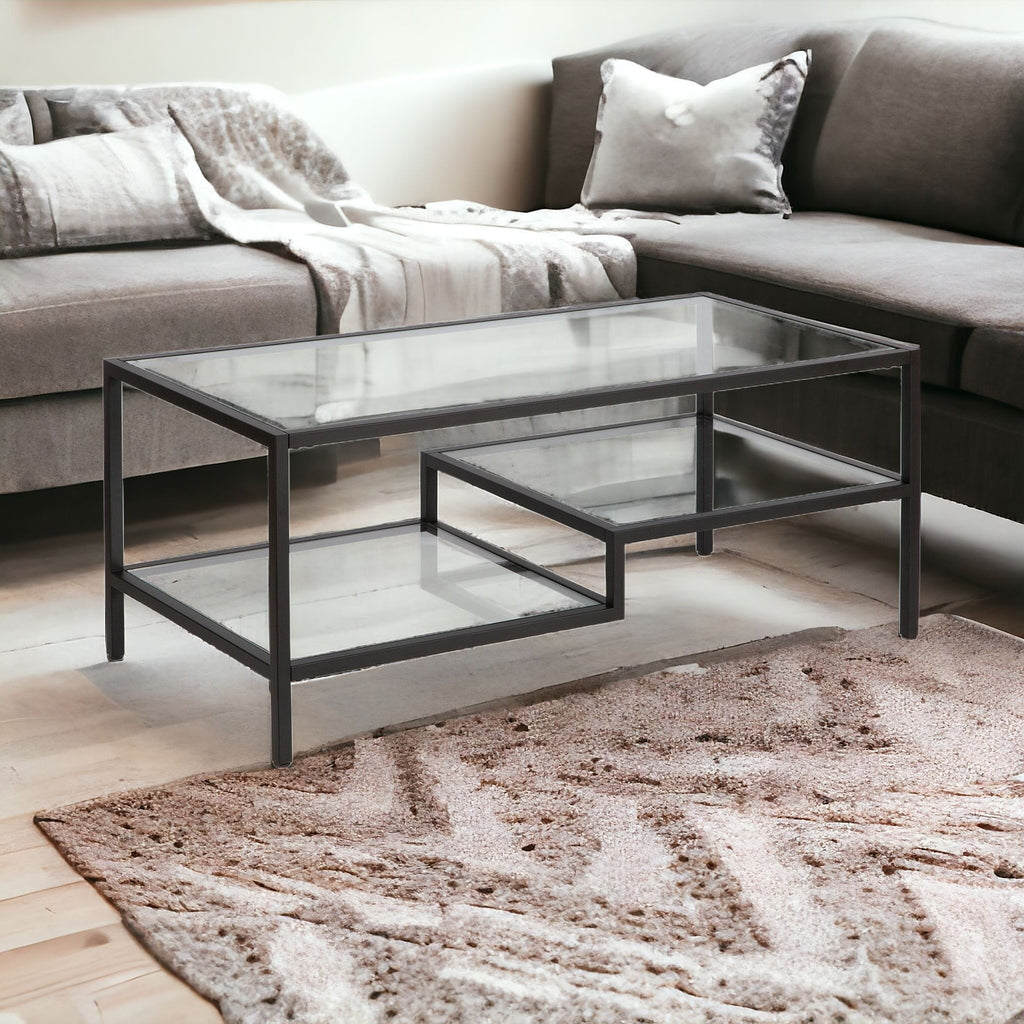 45" Black Glass And Steel Coffee Table With Two Shelves