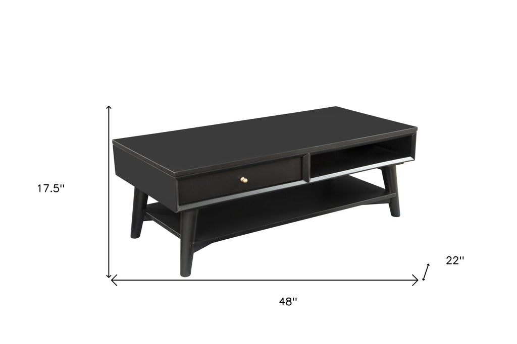 48" Black Solid And Manufactured Wood Coffee Table With Drawer