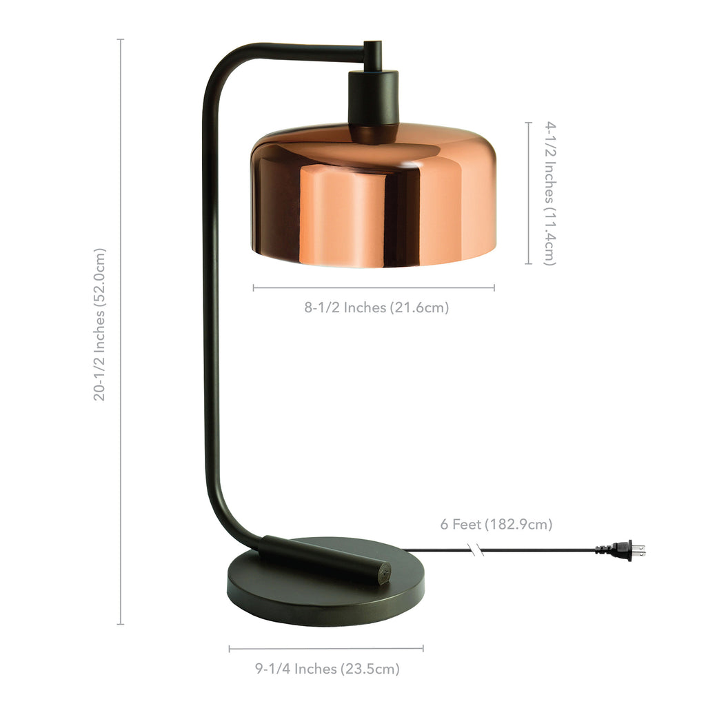 20" Black Metal Arched Table Lamp With Copper Bowl Shade