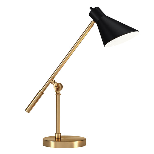 22" Brass Metal Desk Table Lamp With Black Cone Shade