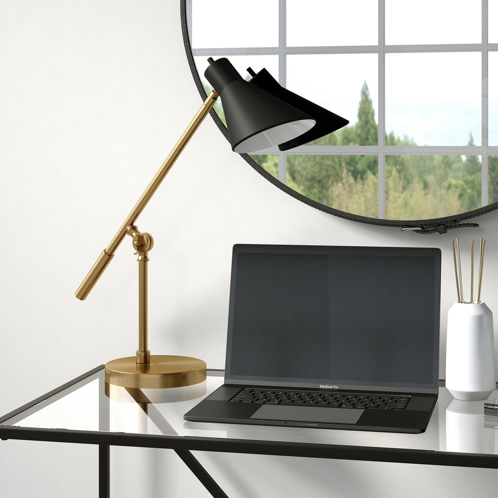 22" Brass Metal Desk Table Lamp With Black Cone Shade