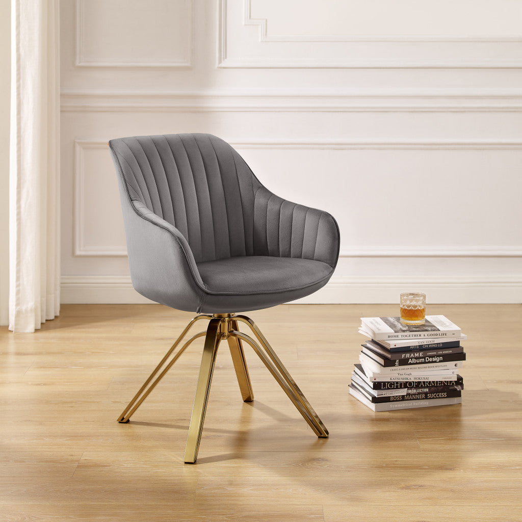 LuxxHomes  23" Gray Velvet And Gold Swivel Arm Chair