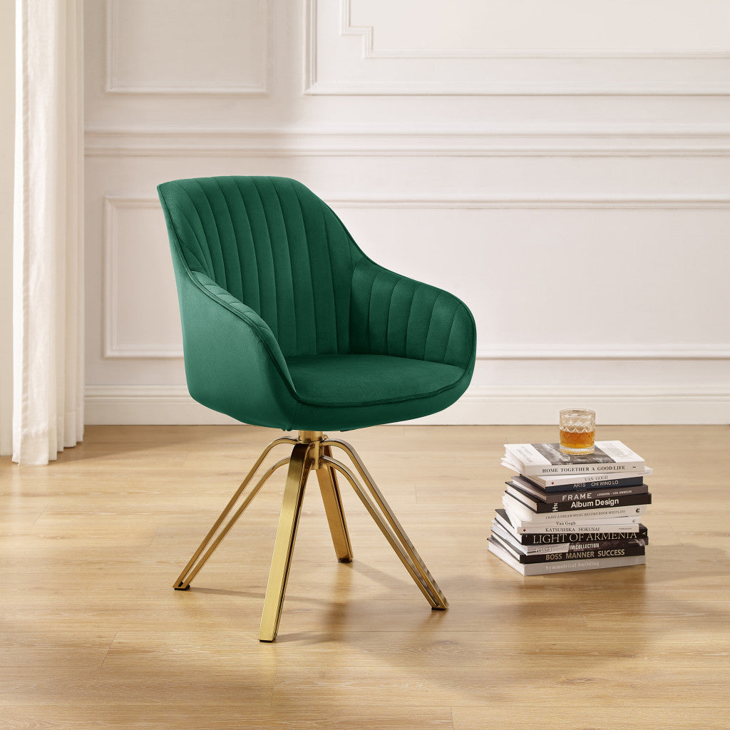 LuxxHomes  23" Green Velvet And Gold Swivel Arm Chair