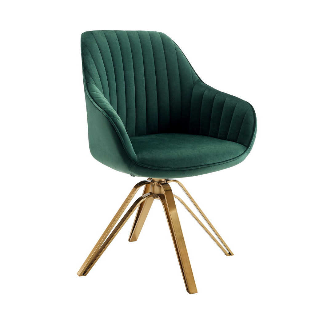 LuxxHomes  23" Green Velvet And Gold Swivel Arm Chair