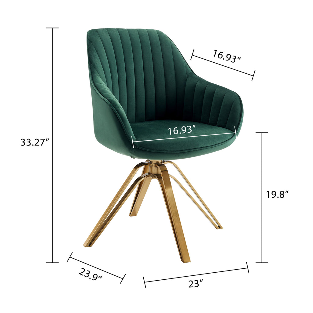 LuxxHomes  23" Green Velvet And Gold Swivel Arm Chair