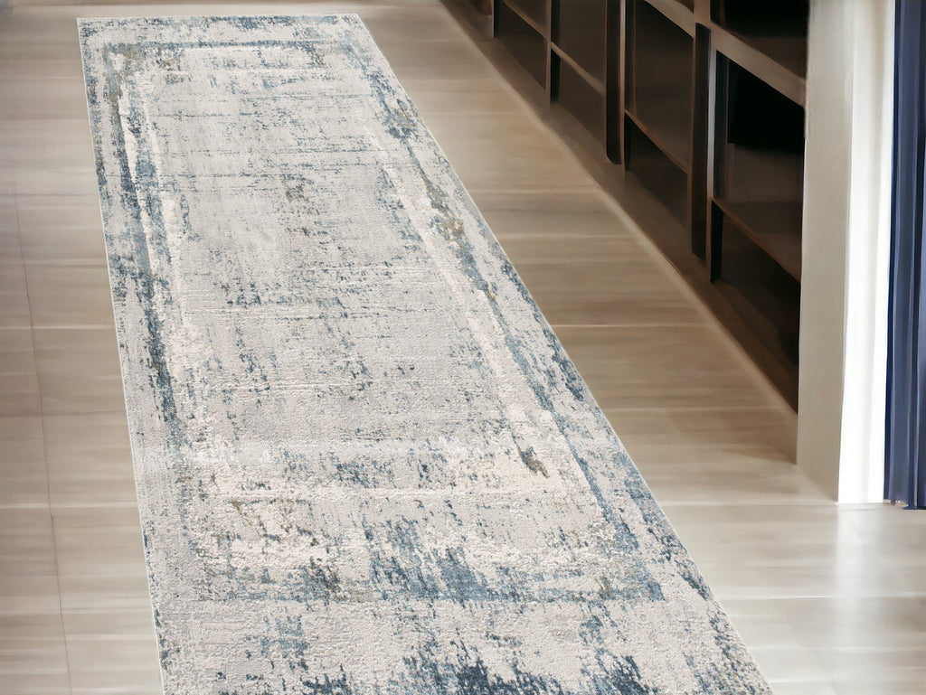 10' Runner Blue and Gray Abstract Washable Non Skid Area Rug