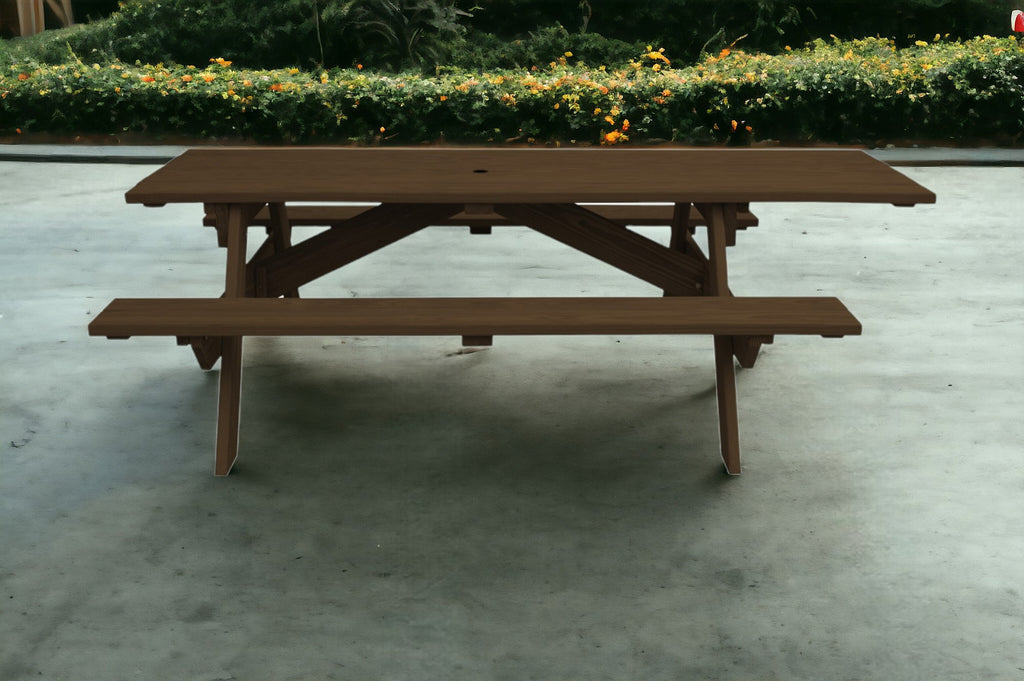 94" Dark Brown Solid Wood Outdoor Picnic Table with Umbrella Hole