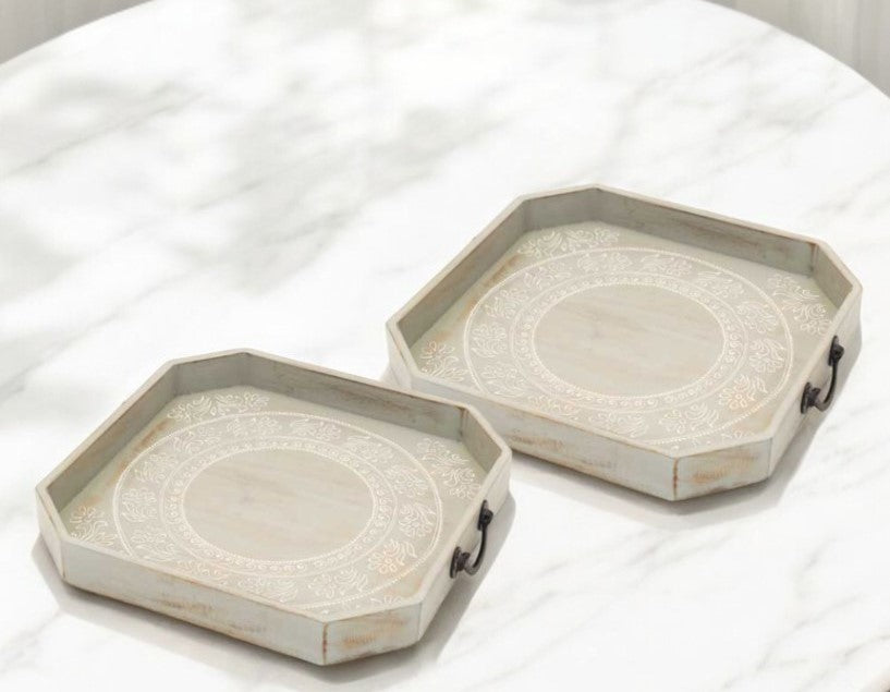 Set Of Two Gray and White Octagon Solid Wood Paisley Handmade Serving Tray With Handles