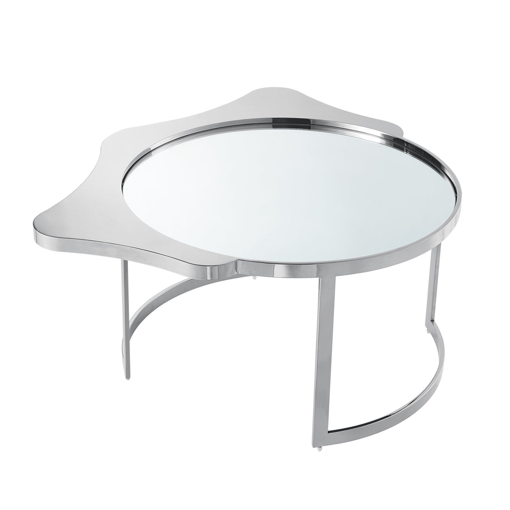 32" Silver Glass And Stainless Steel Round Mirrored Coffee Table