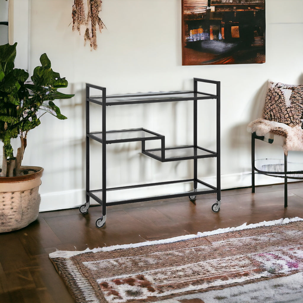 Black Steel And Glass Rolling Bar Cart