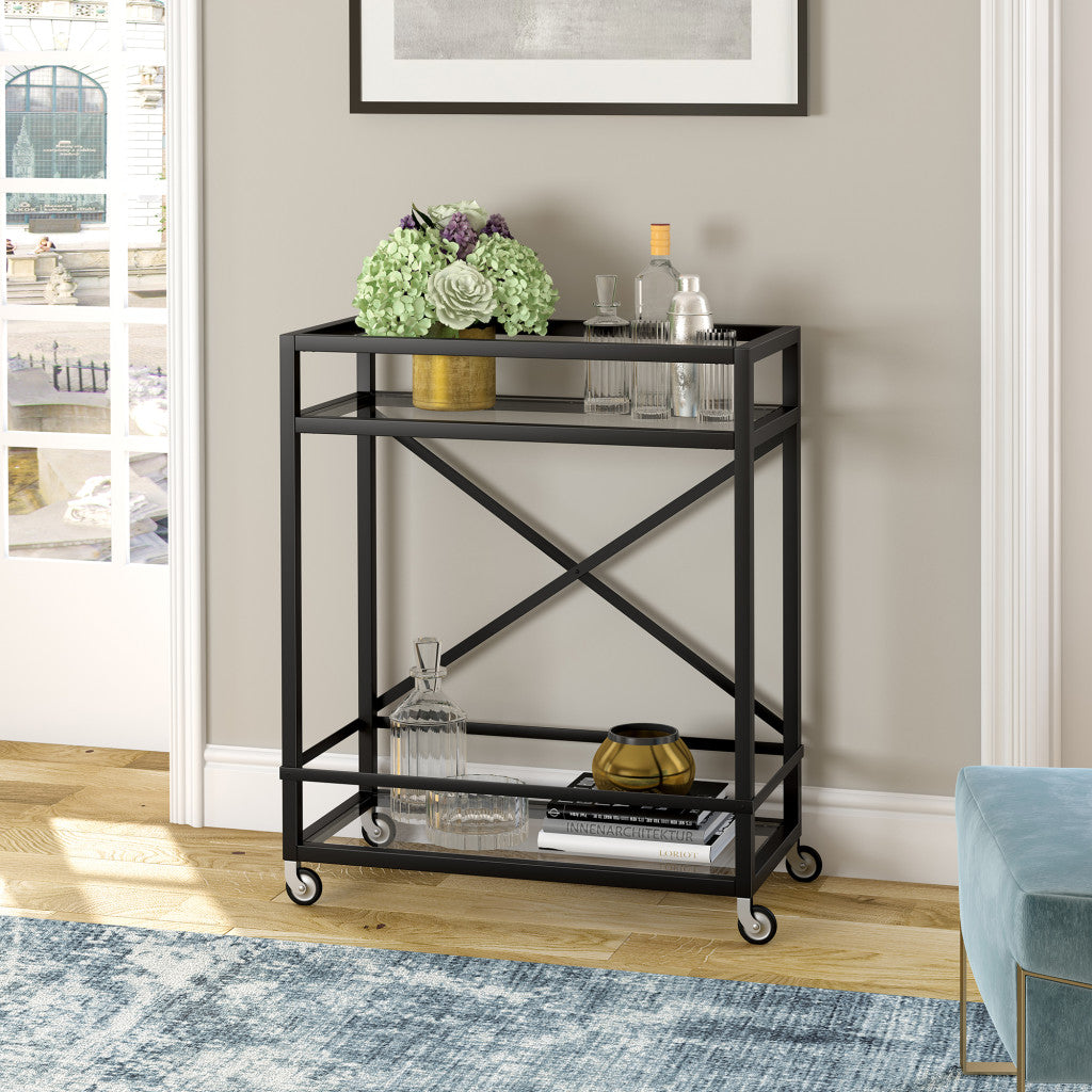 Black Steel And Glass Rolling Bar Cart