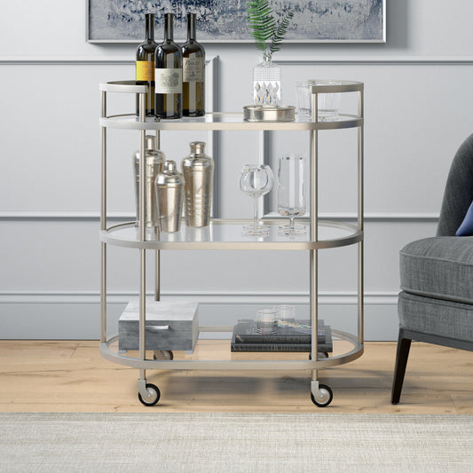 Nickel Steel And Glass Oval Rolling Bar Cart