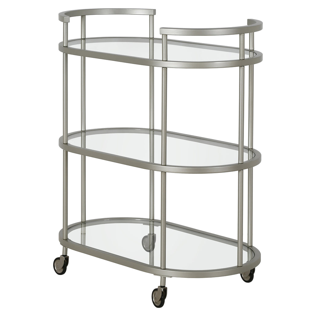 Nickel Steel And Glass Oval Rolling Bar Cart