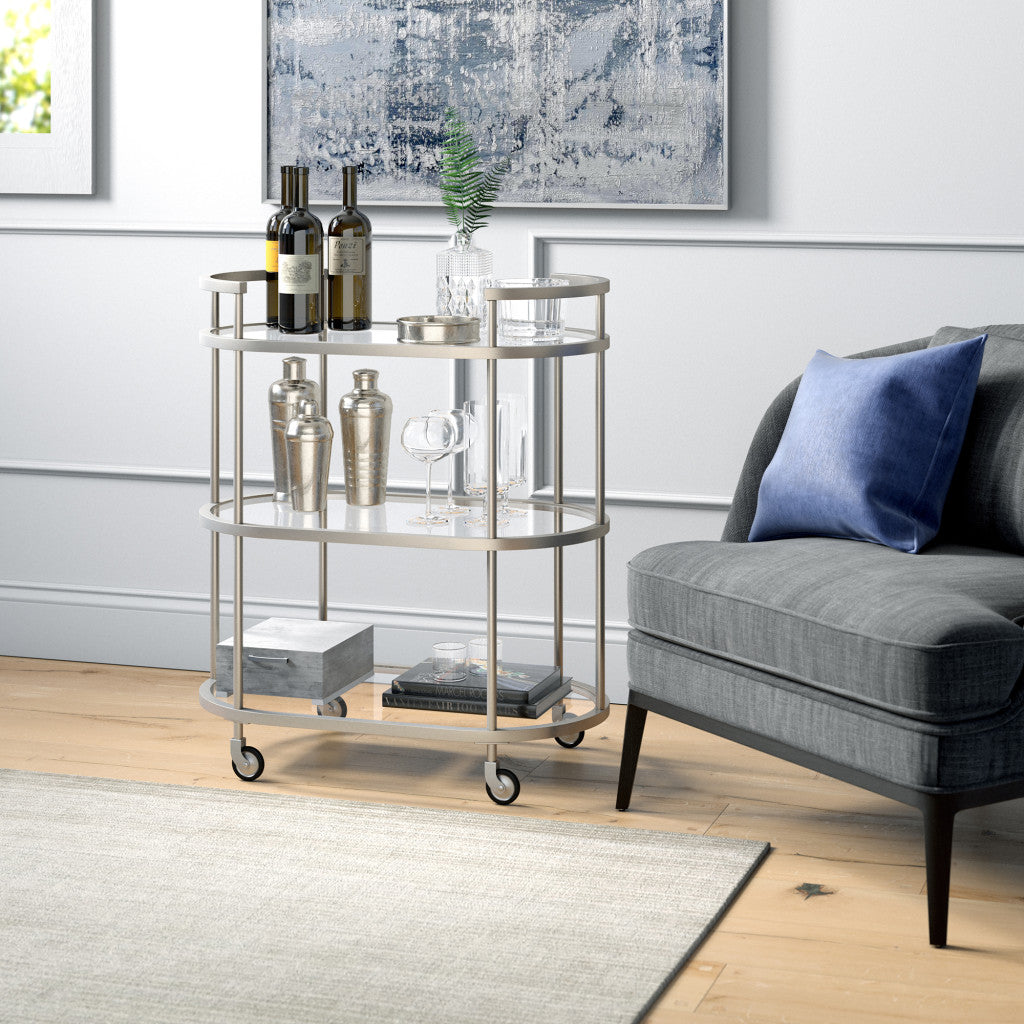 Nickel Steel And Glass Oval Rolling Bar Cart