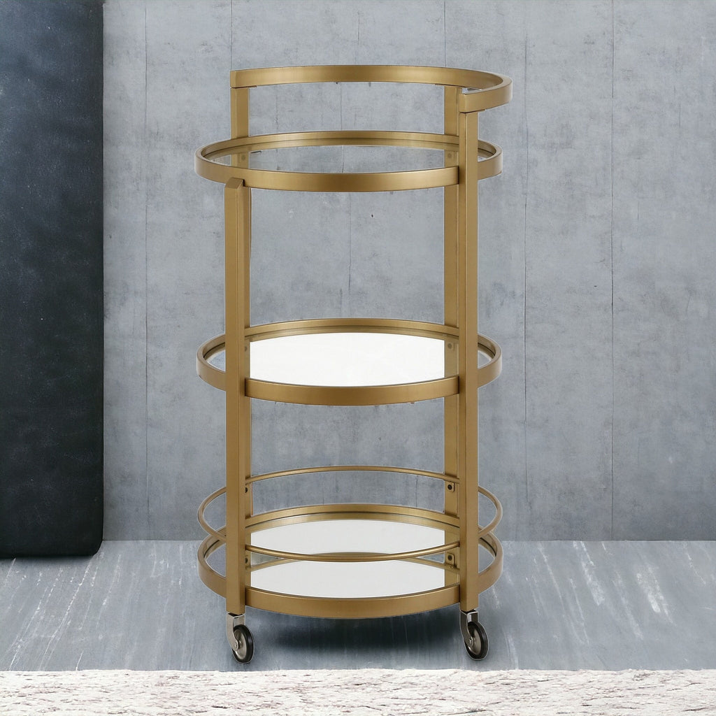 Brass Steel And Glass Round Rolling Bar Cart