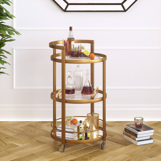 Brass Steel And Glass Round Rolling Bar Cart