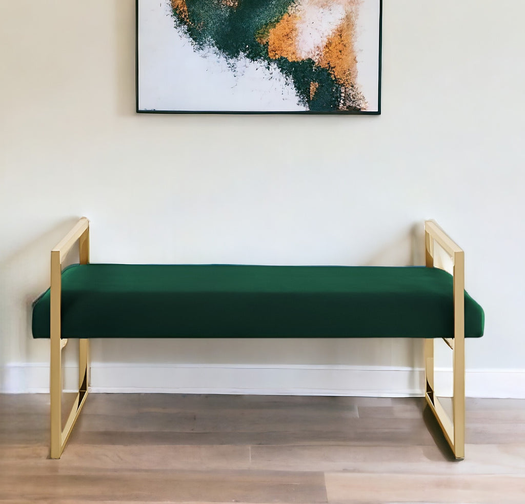 48" Hunter Green and Gold Upholstered Velvet Bench