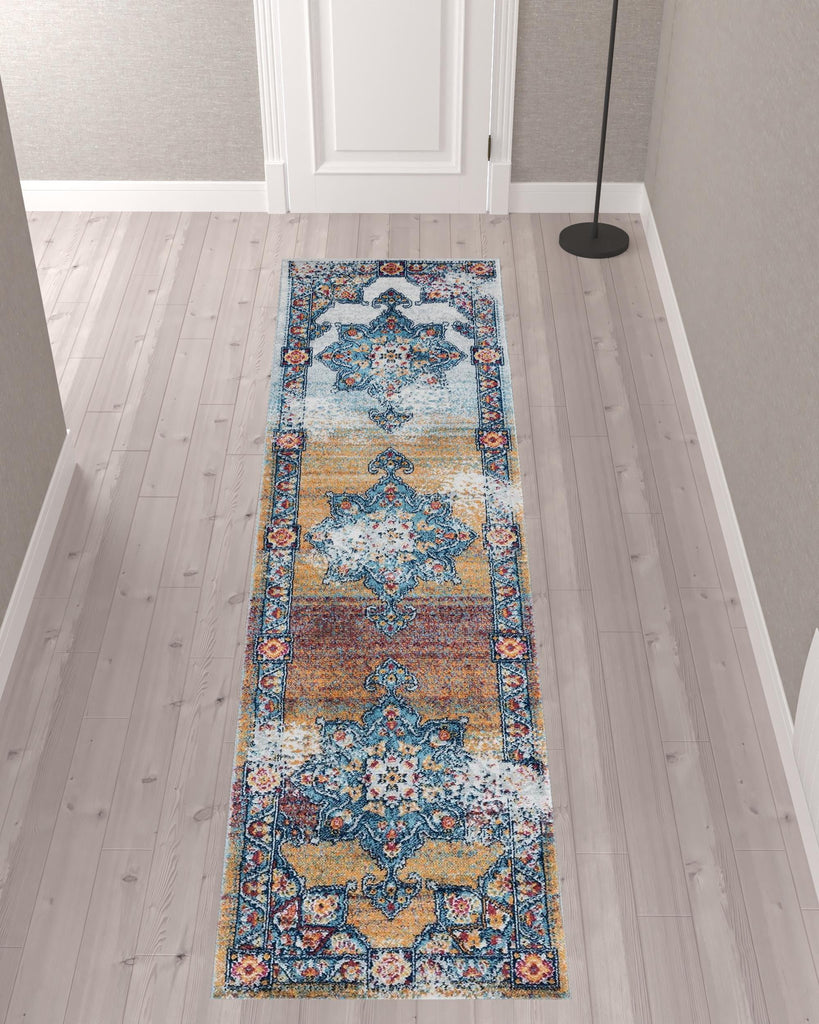 10' Blue Red and Orange Medallion Power Loom Runner Rug