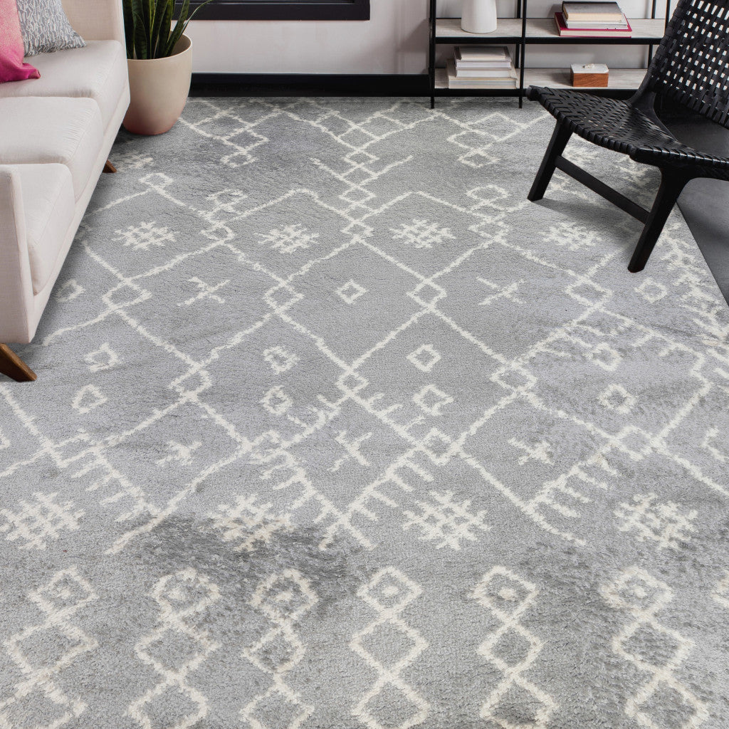 10' Gray and Ivory Geometric Shag Runner Rug