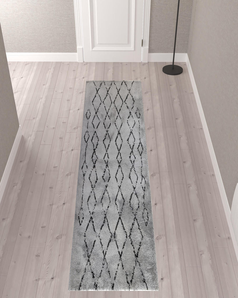 10' Black and Gray Geometric Shag Runner Rug