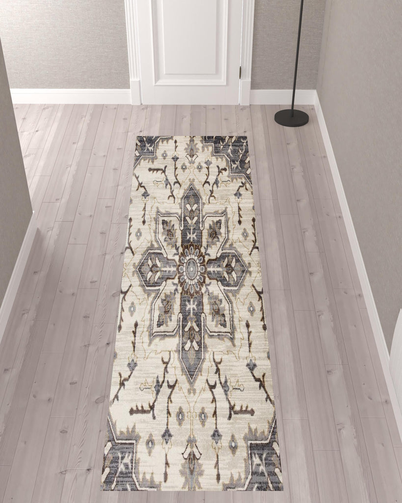 10' Ivory Gray and Black Floral Medallion Power Loom Runner Rug