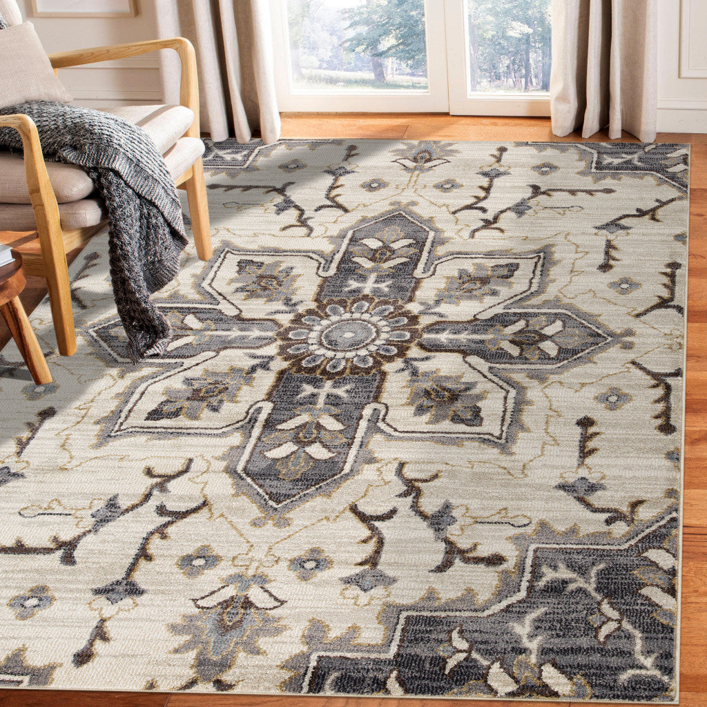 10' Ivory Gray and Black Floral Medallion Power Loom Runner Rug