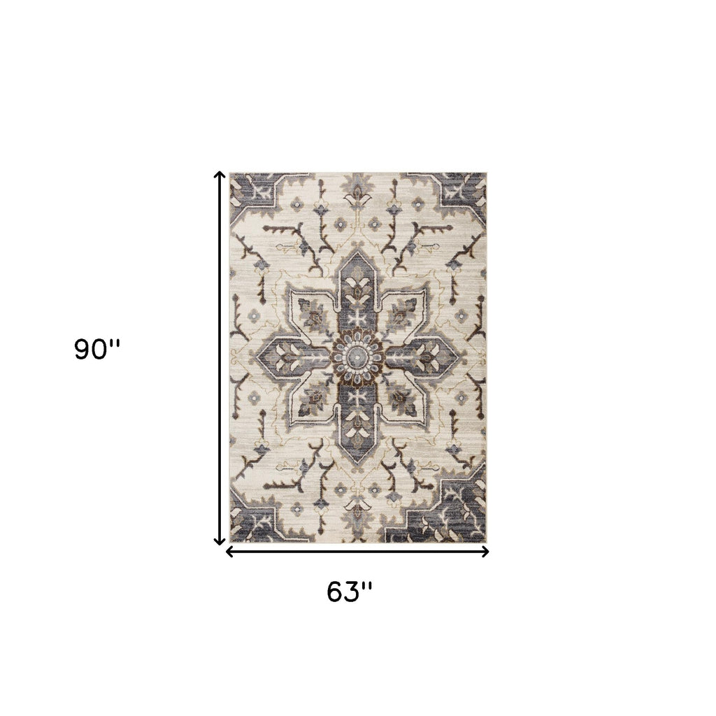 10' Ivory Gray and Black Floral Medallion Power Loom Runner Rug