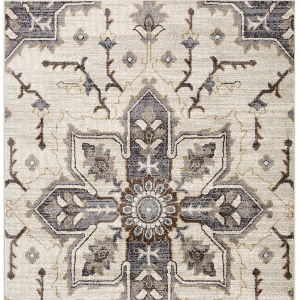 10' Ivory Gray and Black Floral Medallion Power Loom Runner Rug