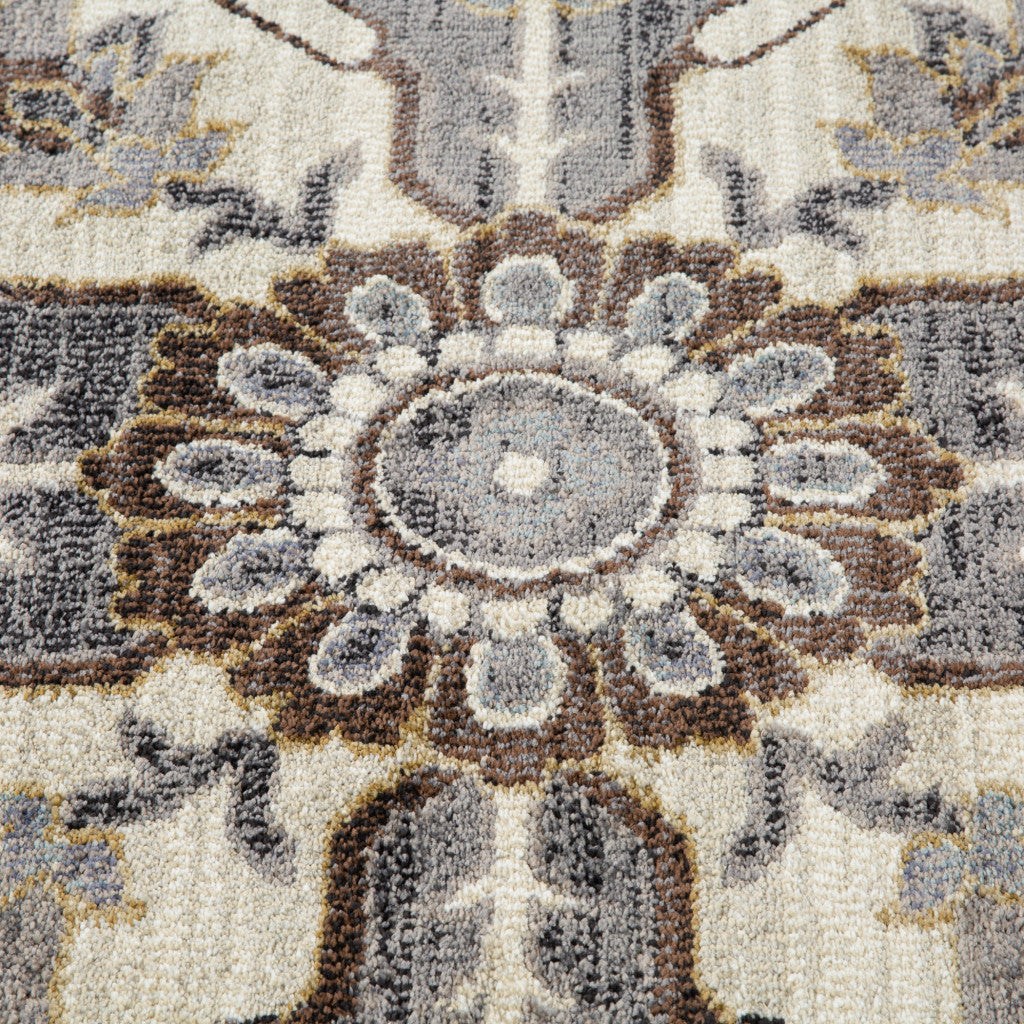 10' Ivory Gray and Black Floral Medallion Power Loom Runner Rug