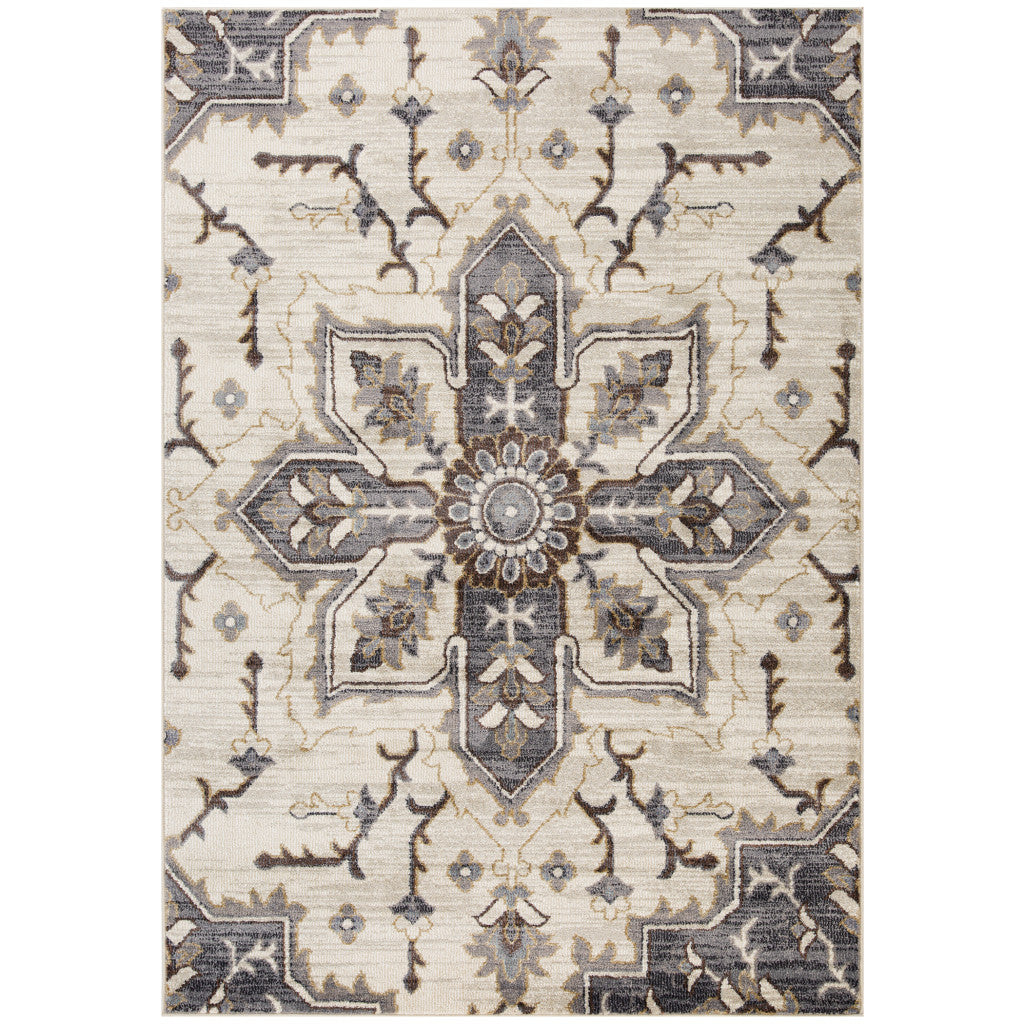 10' Ivory Gray and Black Floral Medallion Power Loom Runner Rug