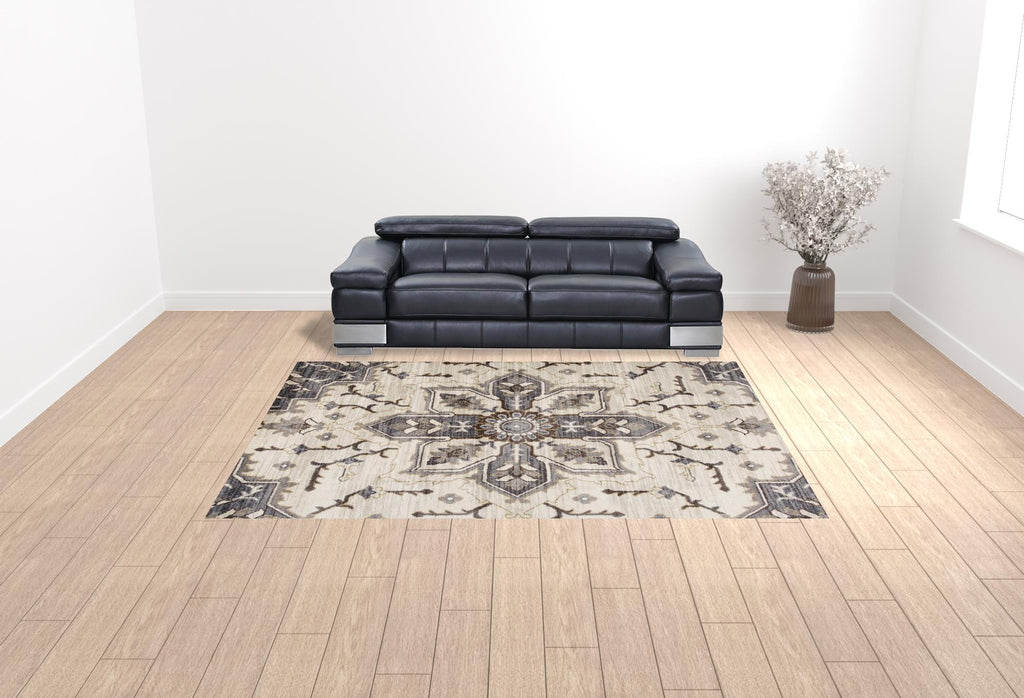 10' Ivory Gray and Black Floral Medallion Power Loom Runner Rug