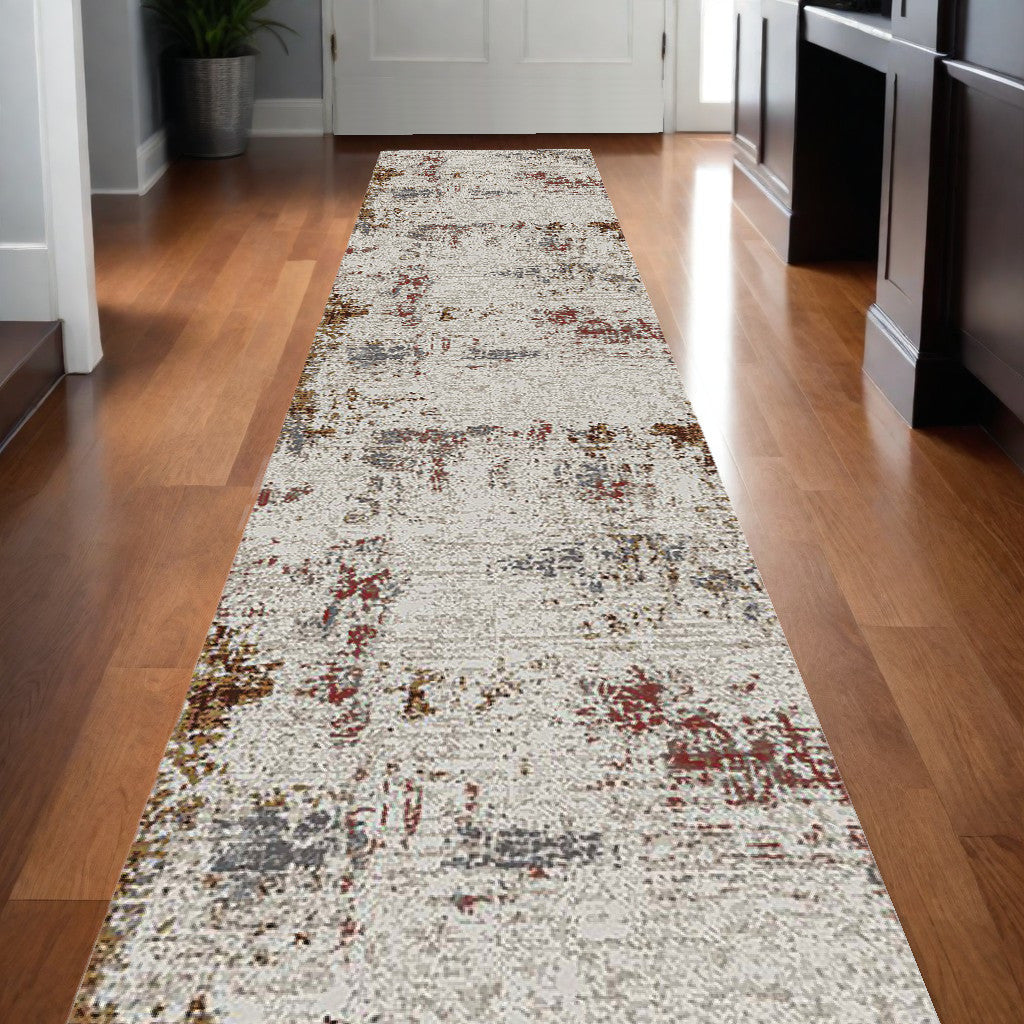 10' Ivory Red and Gold Abstract Power Loom Runner Rug