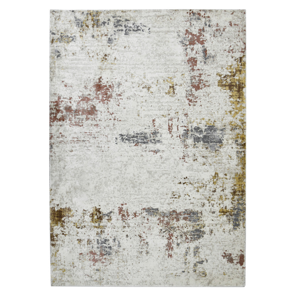 10' Ivory Red and Gold Abstract Power Loom Runner Rug