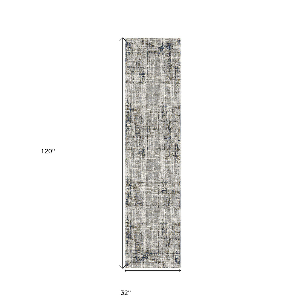 10' Ivory Blue and Gray Abstract Power Loom Runner Rug