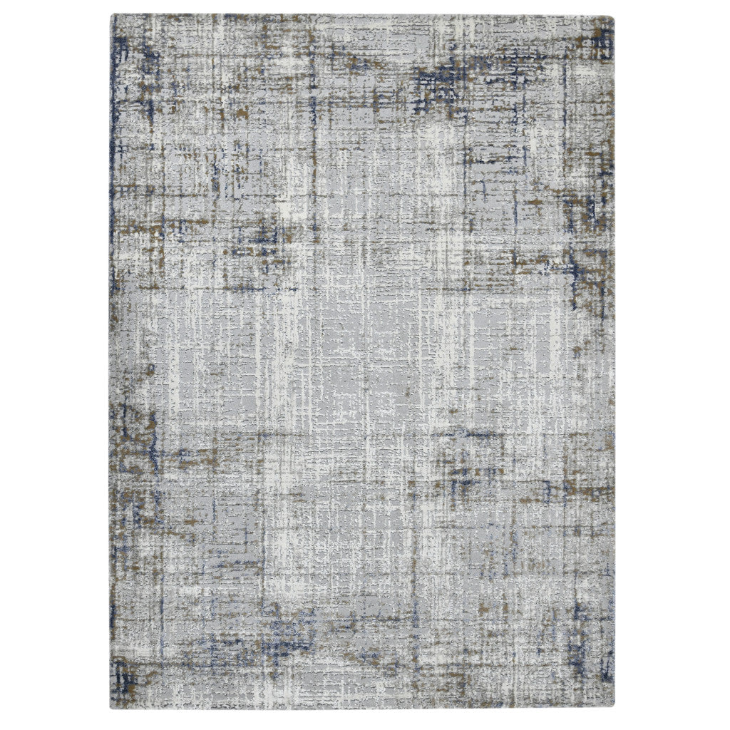 10' Ivory Blue and Gray Abstract Power Loom Runner Rug