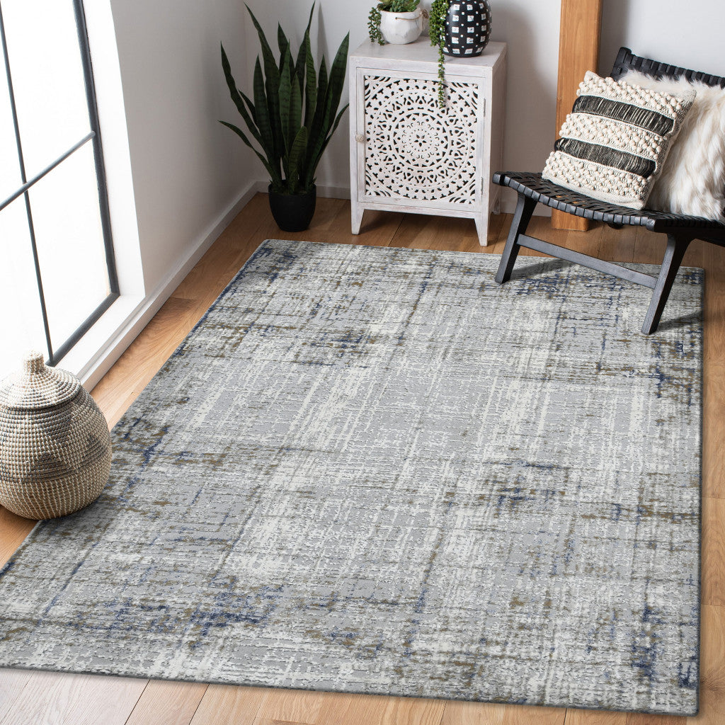 10' Ivory Blue and Gray Abstract Power Loom Runner Rug